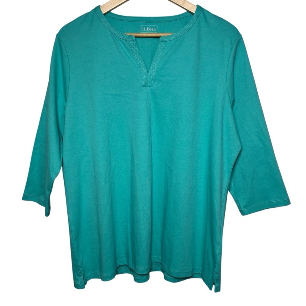 L.L.Bean Top Women's XL Petite Turquoise Blue V-Neck 3/4 Sleeve Coastal Cotton